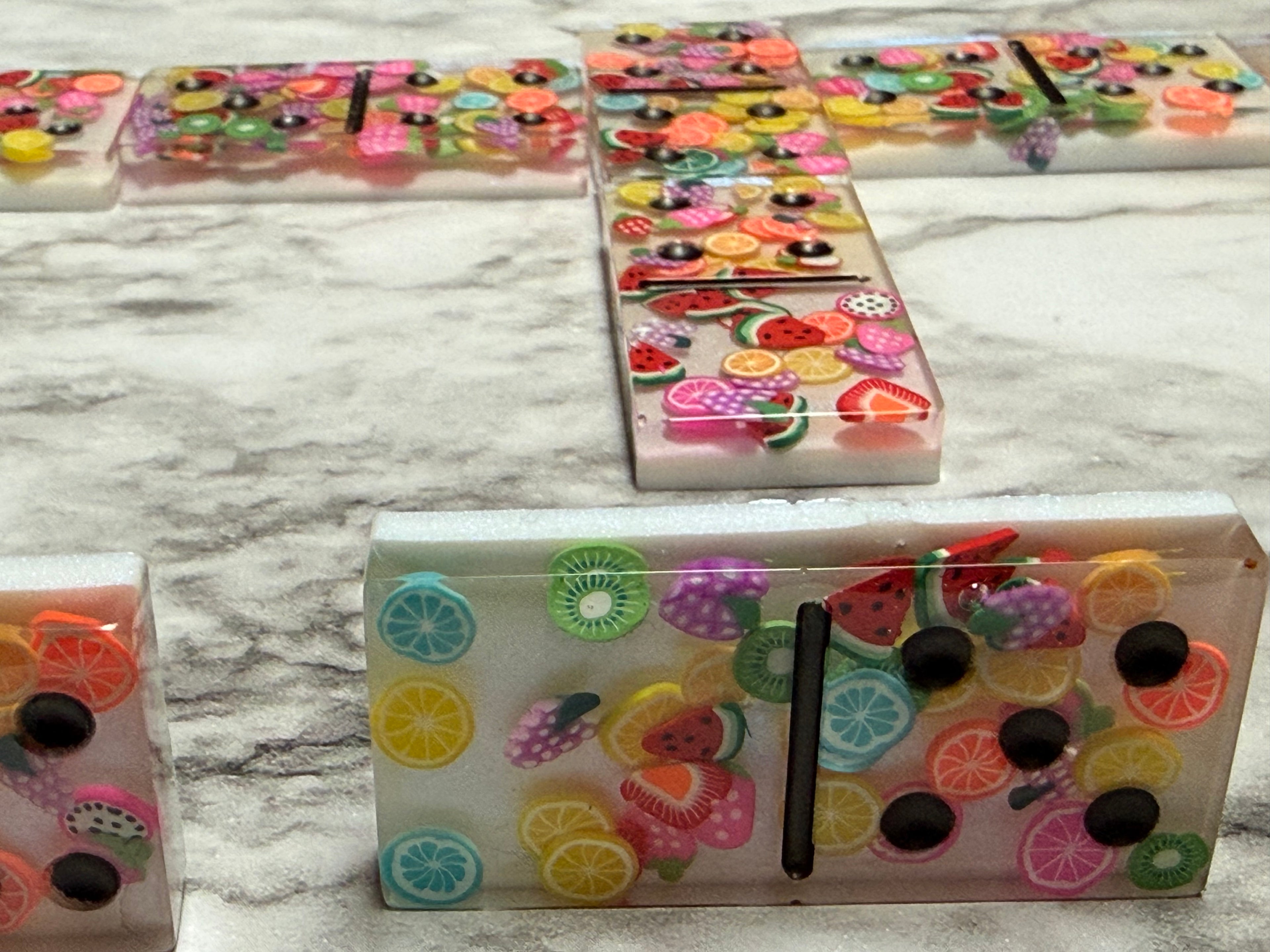 Handmade Summer Fruit Resin Domino Set with Crochet Storage Bag