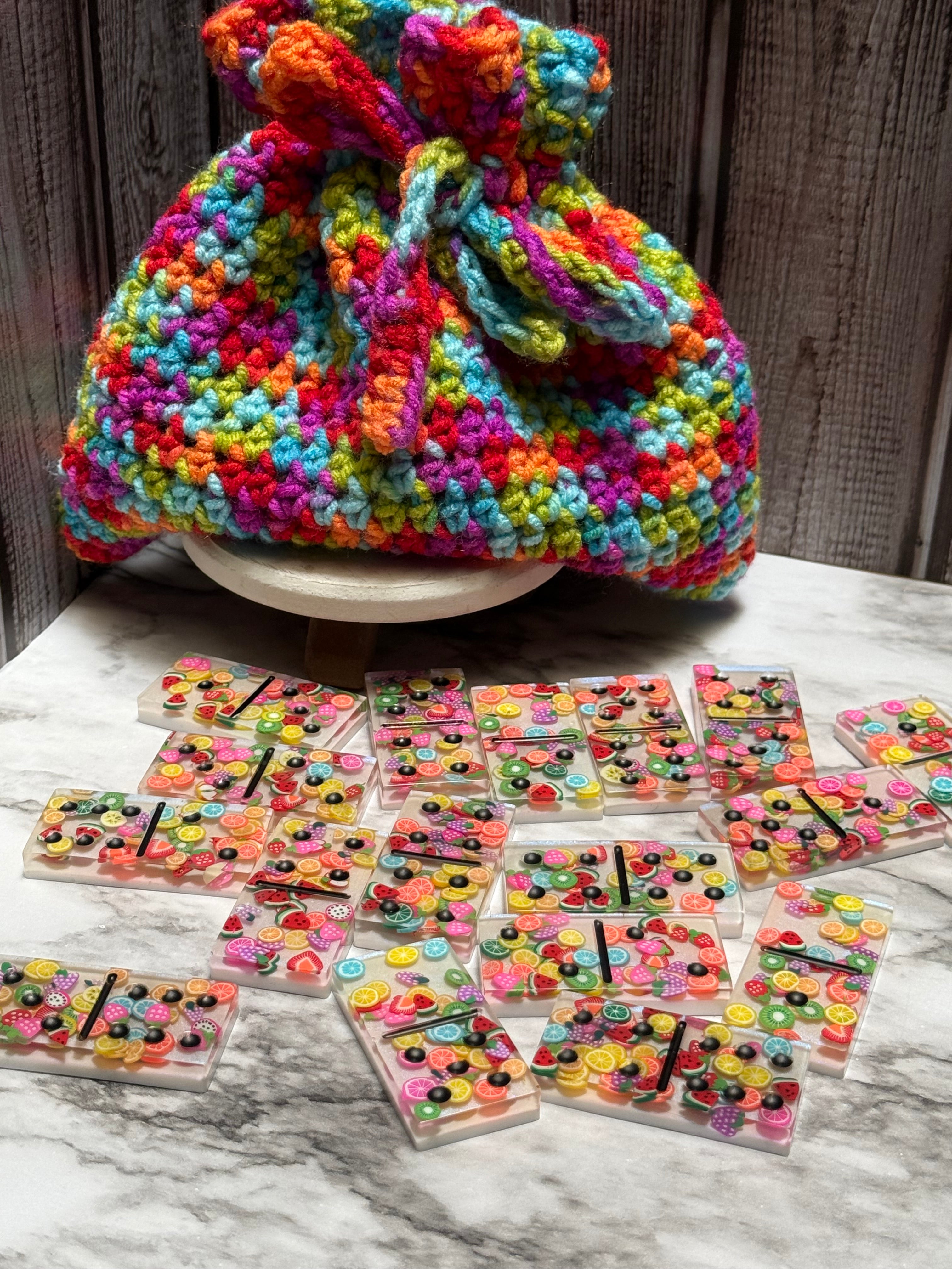 Handmade Summer Fruit Resin Domino Set with Crochet Storage Bag