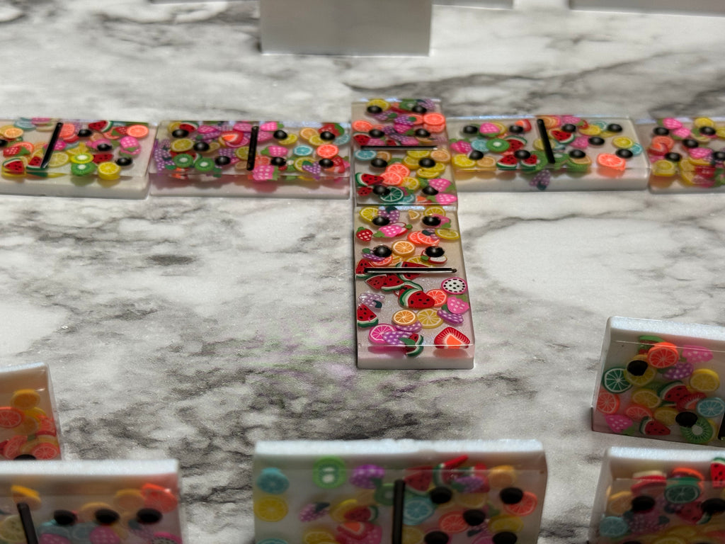 Handmade Summer Fruit Resin Domino Set with Crochet Storage Bag