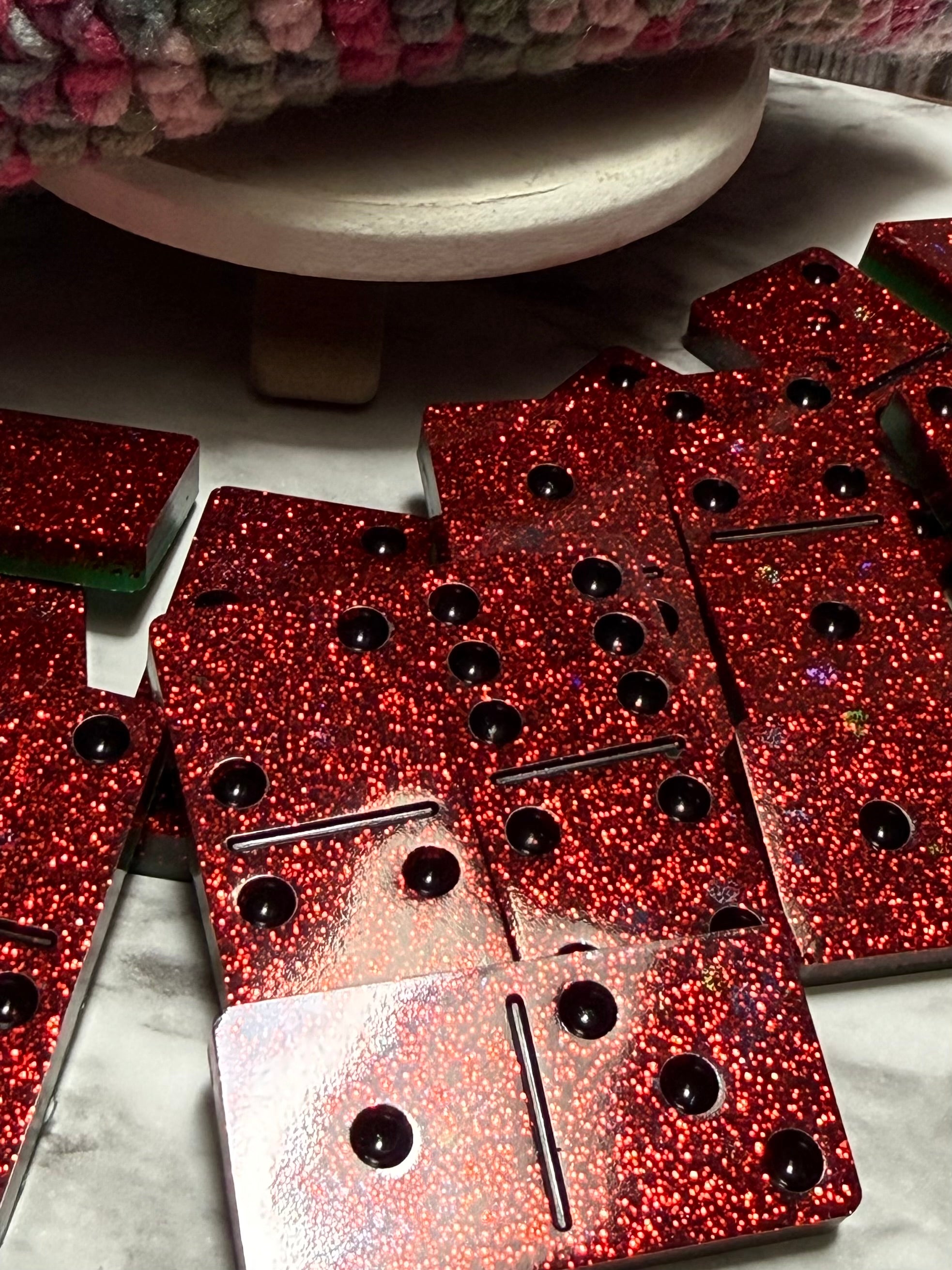 Handmade Watermelon Resin Domino Set with Crochet Storage Bag