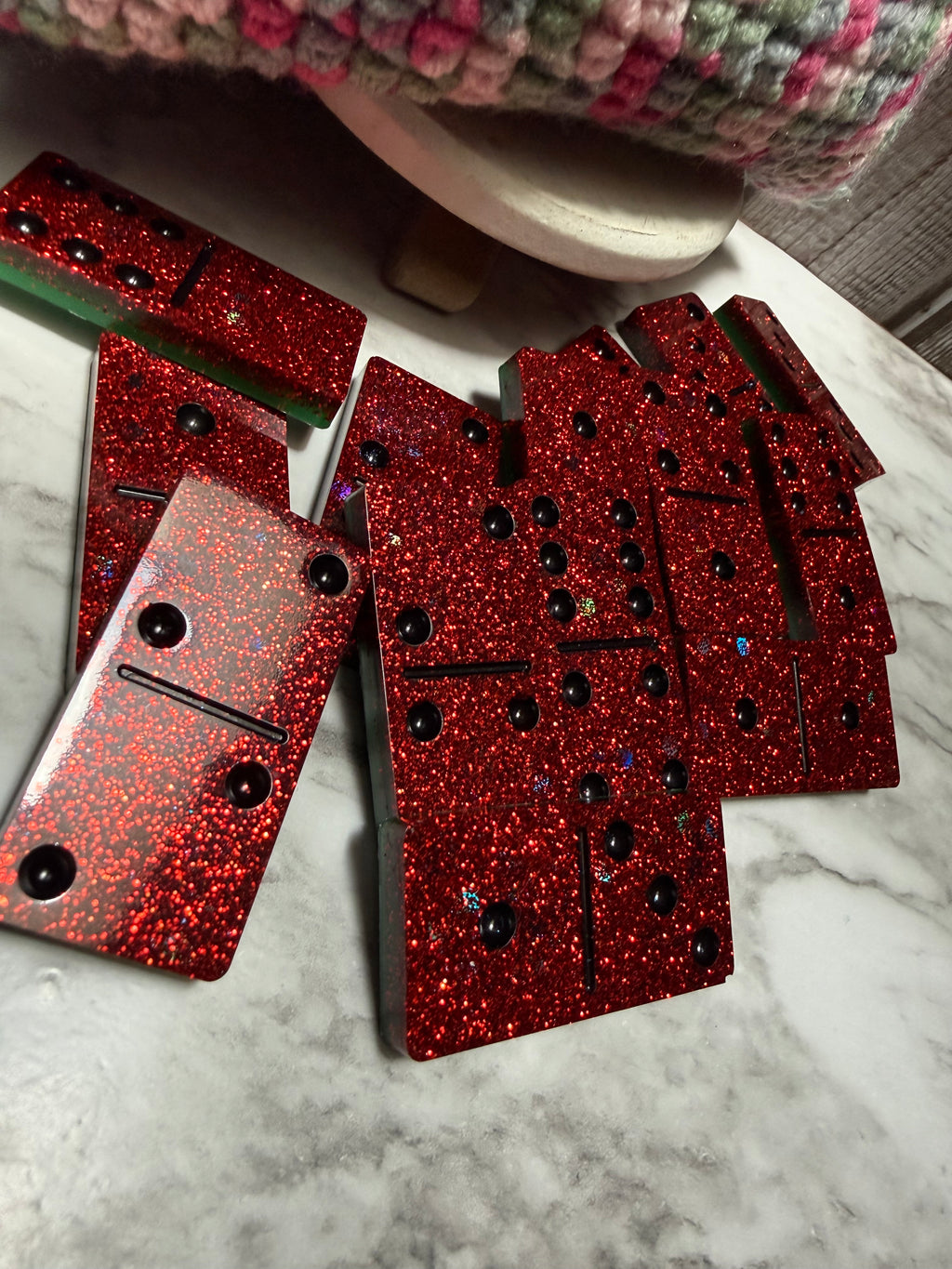 Handmade Watermelon Resin Domino Set with Crochet Storage Bag