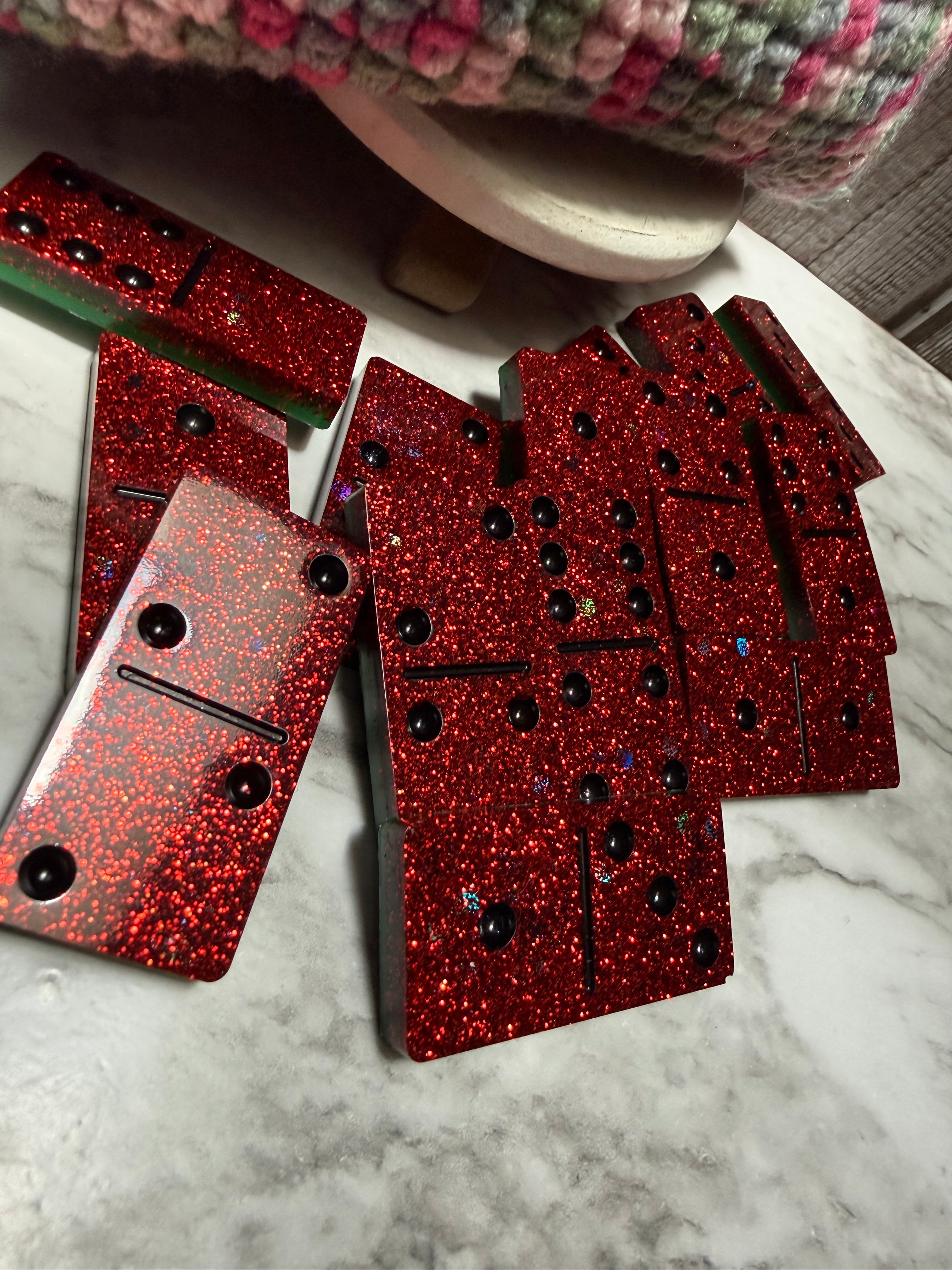 Handmade Watermelon Resin Domino Set with Crochet Storage Bag