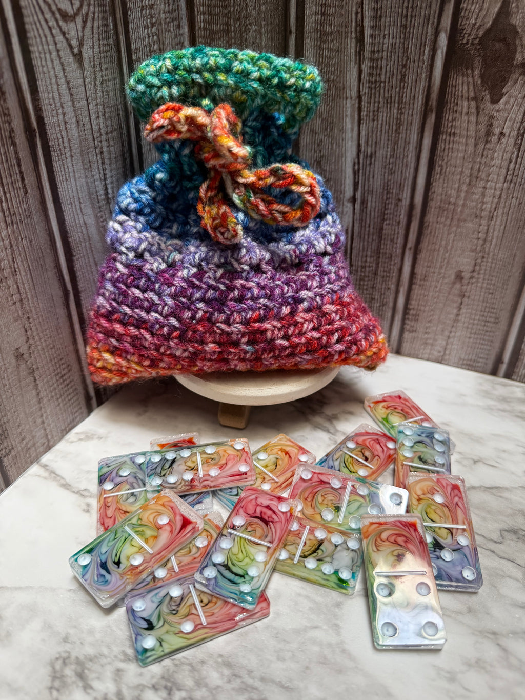 Hand Made Rainbow Swirl Dominos Set With Hand Made Crocheted bag
